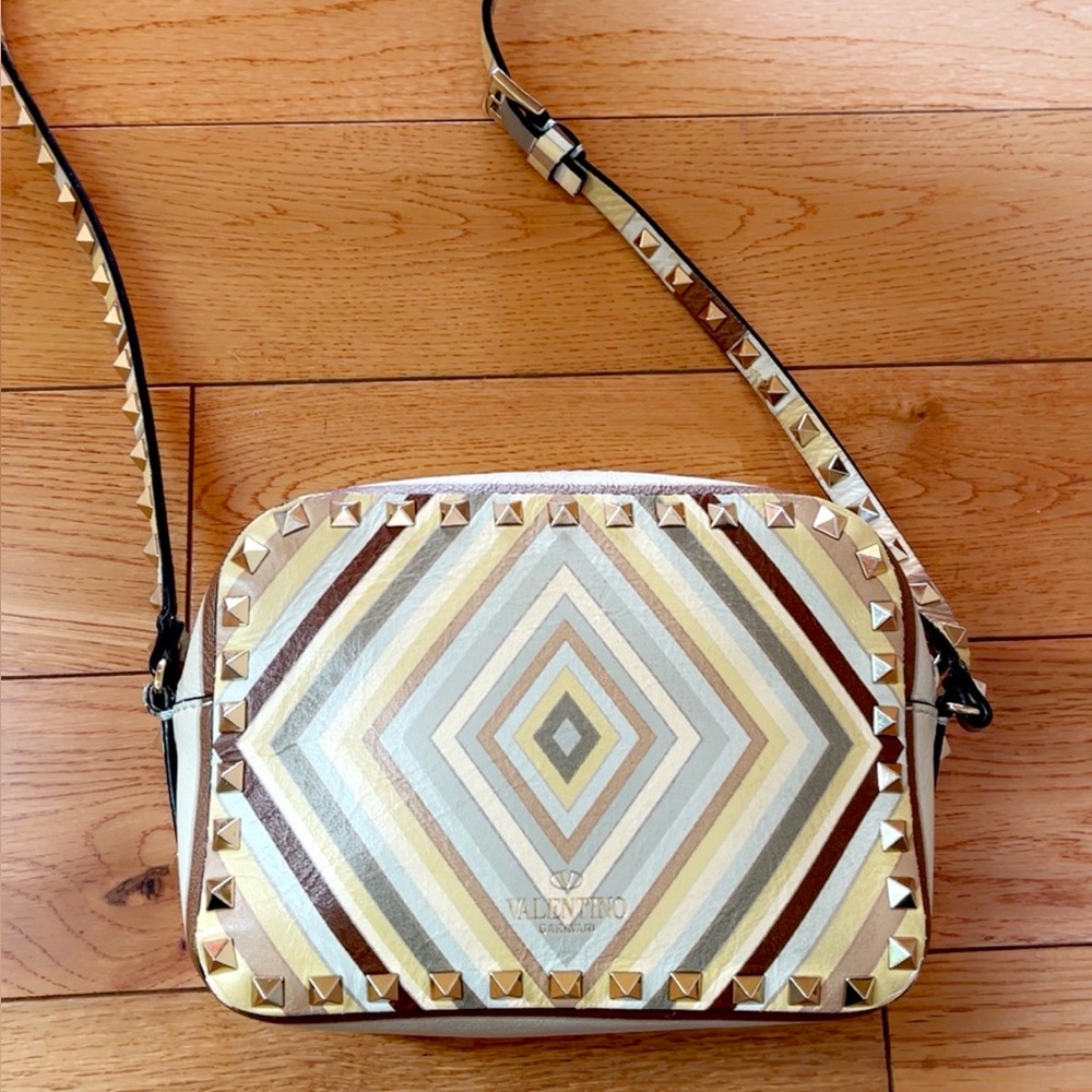 Valentino Geometric Gold and Cream Crossbody Bag